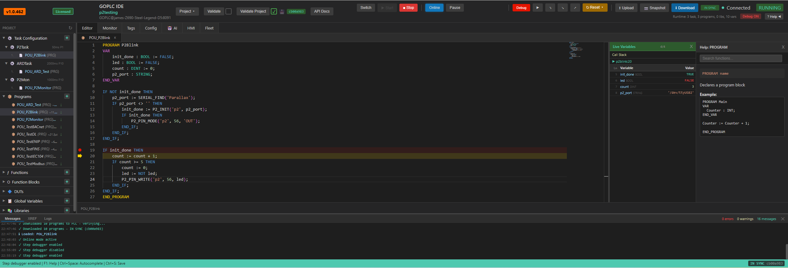 GOPLC step debugger with breakpoint hit on line showing yellow execution highlight, live variable values, and debug controls