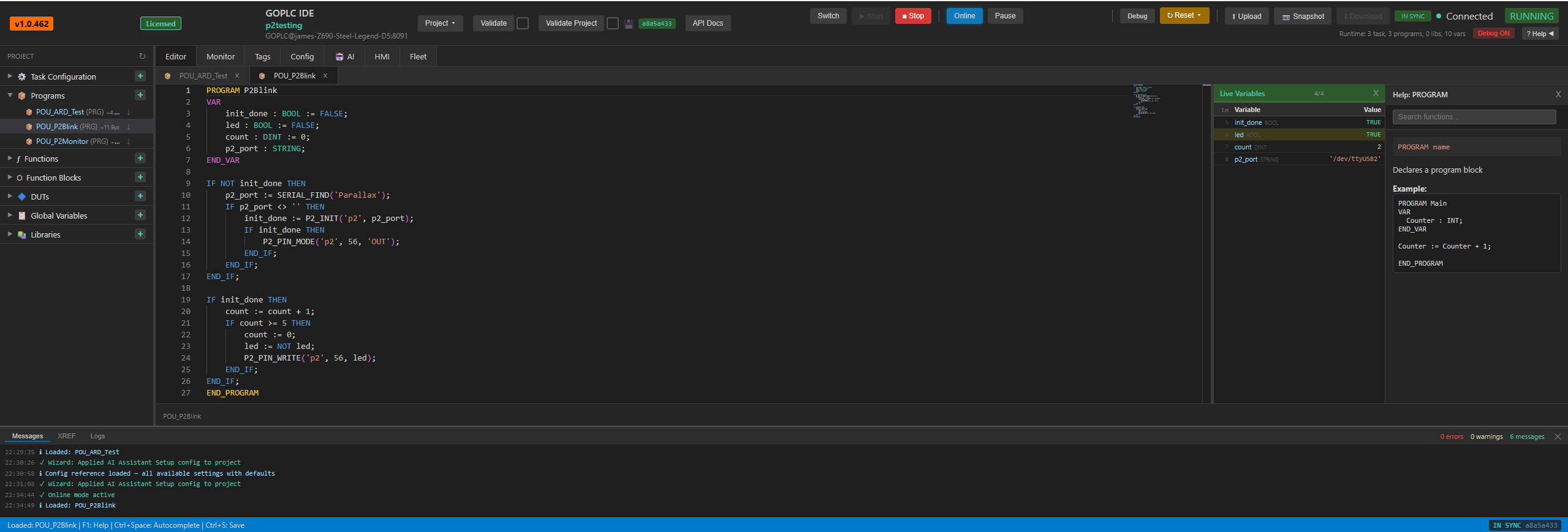 GOPLC Web IDE with online mode showing live variable values inline