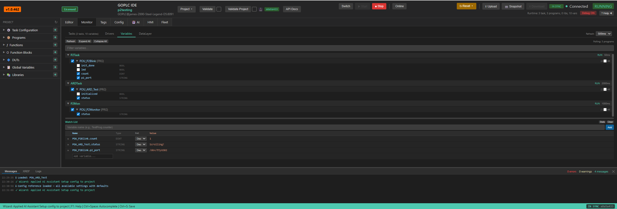 GOPLC Monitor showing task tree with P2Task, ARDTask, and P2Mon expanded to show program variables, plus Watch List with pinned variables
