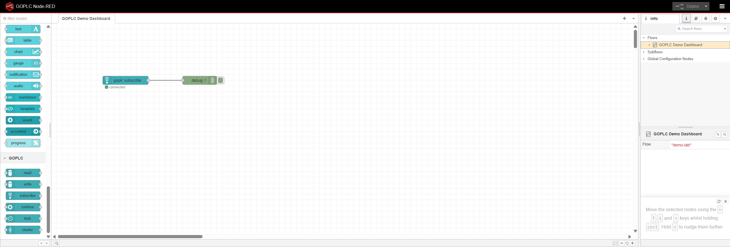 Node-RED editor showing GOPLC custom node palette with read, write, subscribe, runtime, task, and cluster nodes, plus a goplc subscribe node connected to a debug node