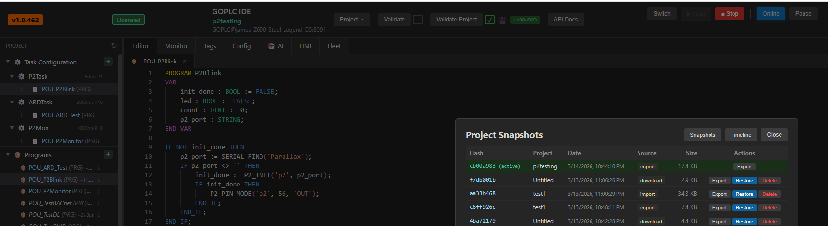 GOPLC Project Snapshots dialog showing snapshot history with hash, project name, date, source (import/download), size, and Export/Restore/Delete actions